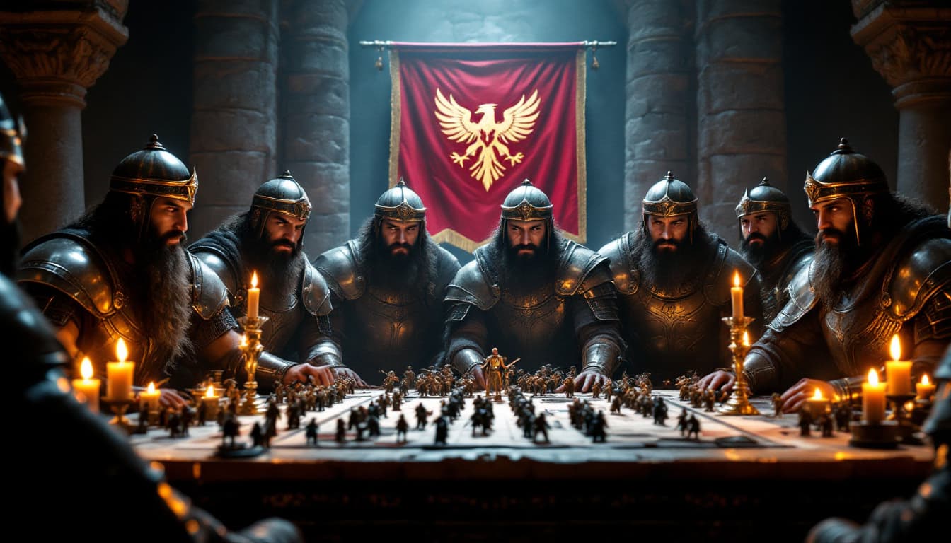 AI generated: Subject: Six bearded warriors in ornate metal armor and helmets gather around a table, leaning forwa...