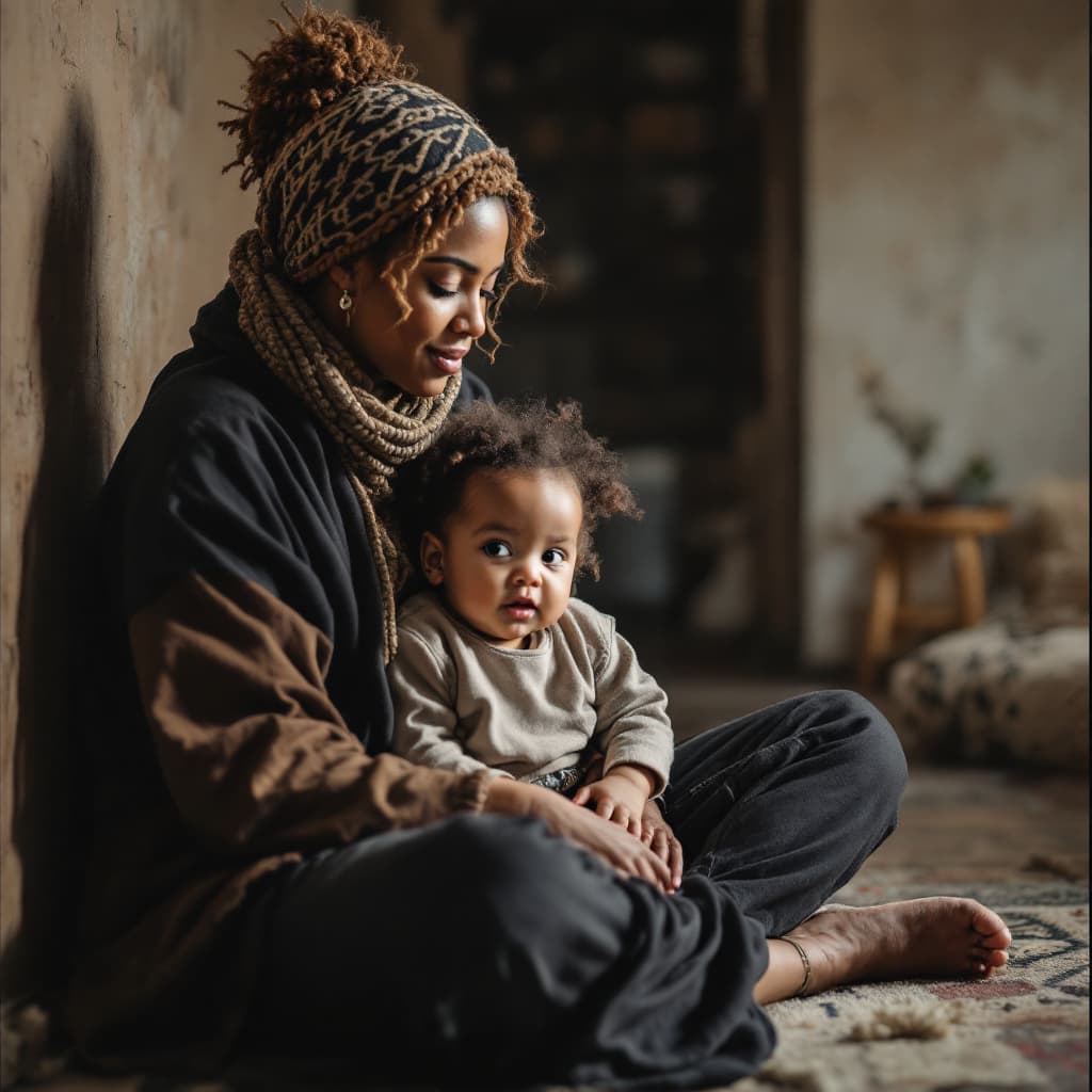AI generated: Amine Mother with child sitting on the floor
