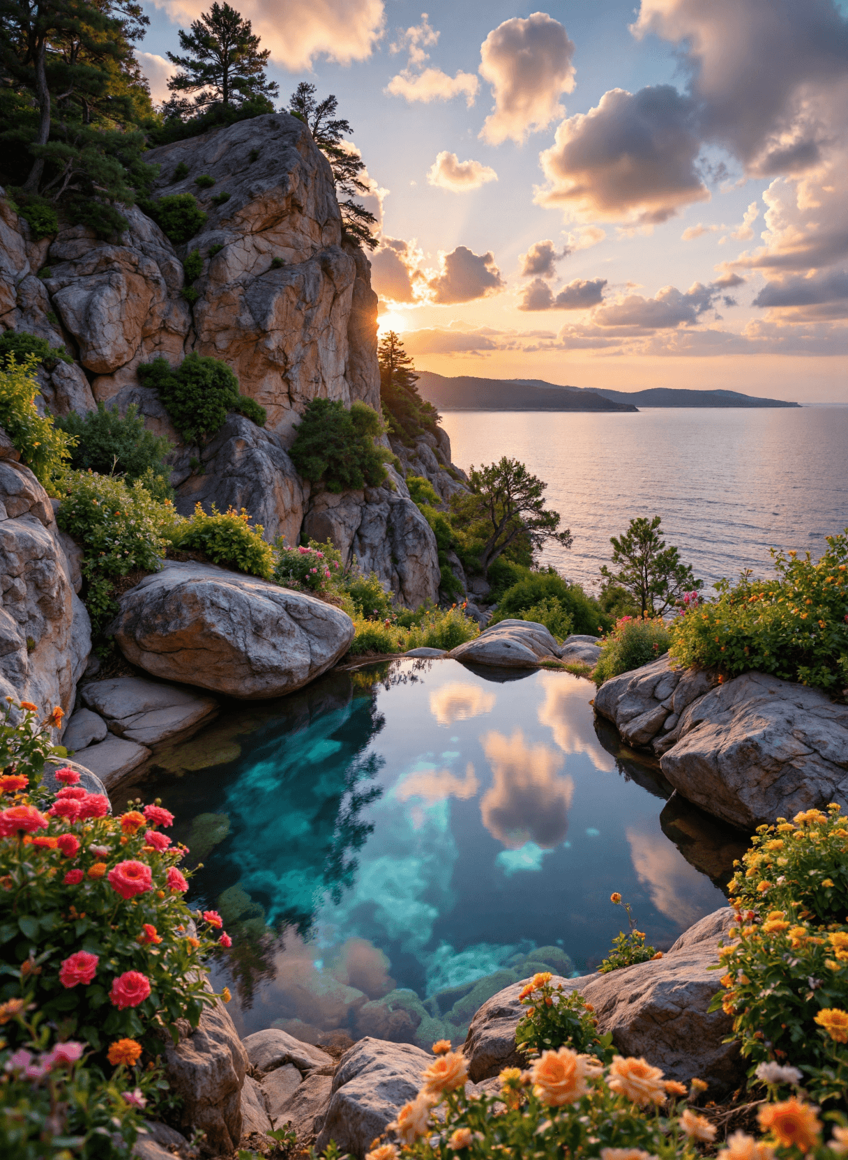 AI generated: The image depicts a breathtaking natural landscape at sunset. The scene is dominated by a large, roc...