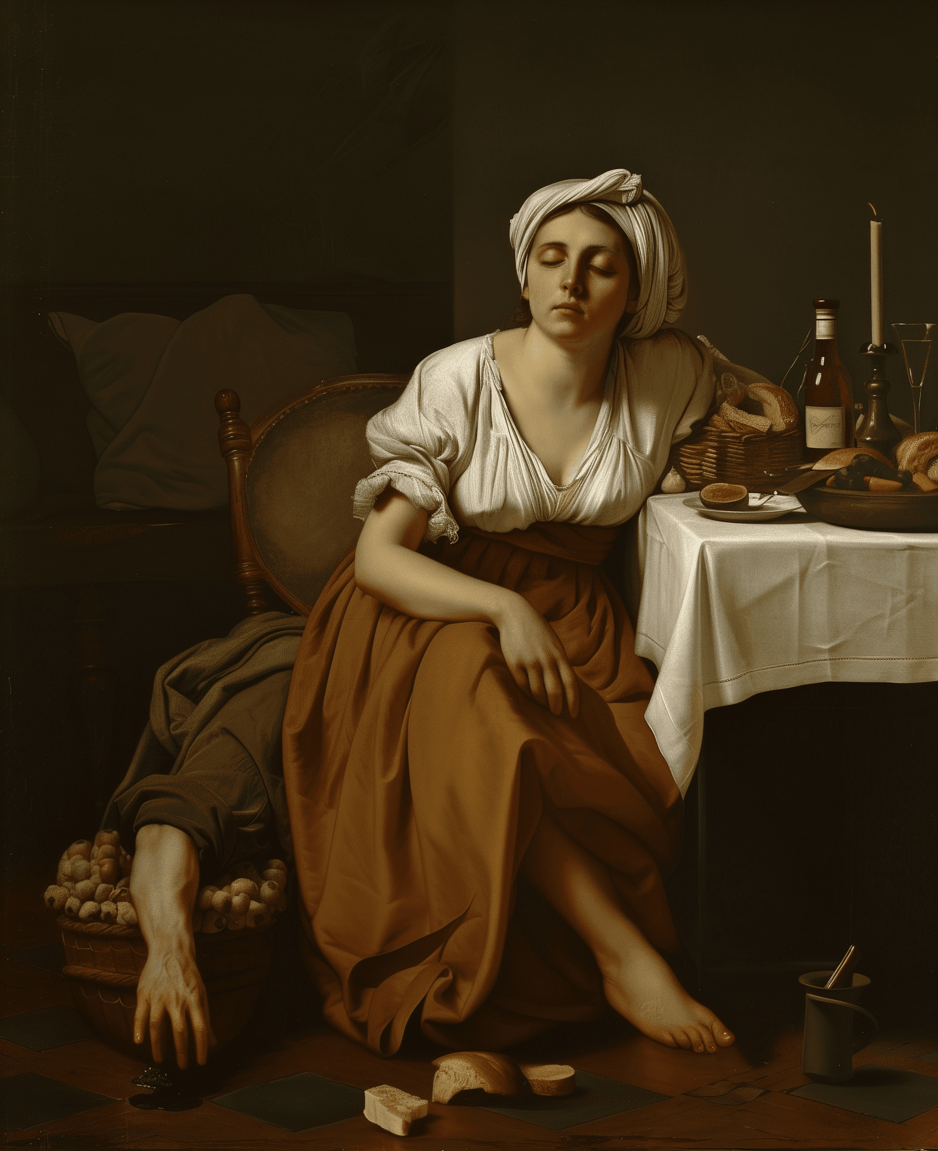 AI generated: A woman sits on the edge of an armchair, her head is wrapped in fabric. A man lies face down at his ...