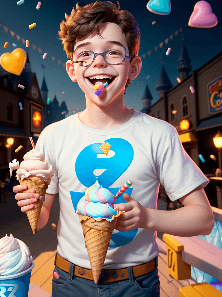 AI generated: Boy, adorable, smiling boy eating ice cream, candies flying all around her, Pixar, disnet, cinema li...