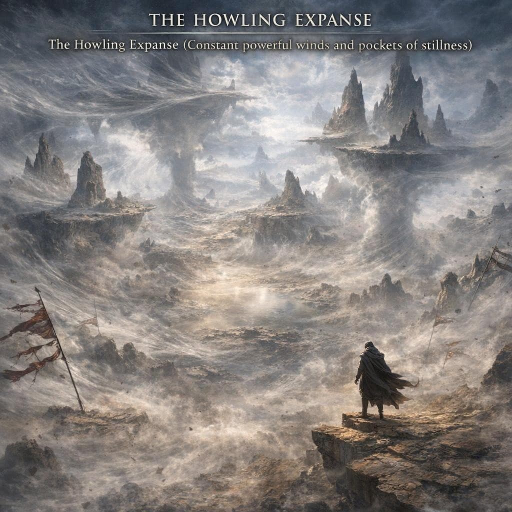 AI generated: Create a unique environment/Biome of a Wind → The Howling Expanse (constant powerful winds and pocke...