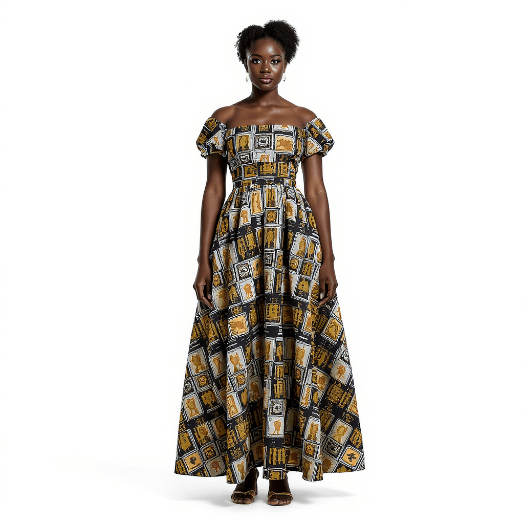 AI generated: Isolated on a white background, a full-length African woman in a dress with a figurative UKARA-EKPE ...