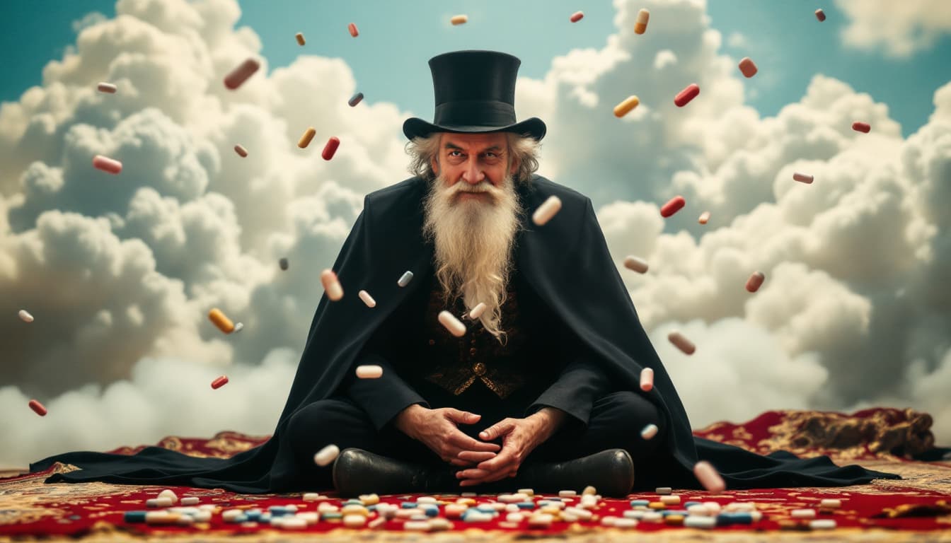 AI generated: THE MAGICIAN SITTING ON THE CARPET, AGAINST THE BACKGROUND OF CLOUDS, AND PILLS FLYING AROUND HIM