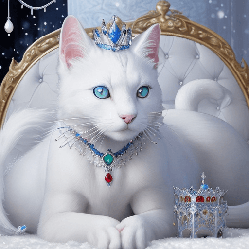 AI generated: Award winning, realistic model detailed perfect figure color photo of a white cat with blue ruby jew...