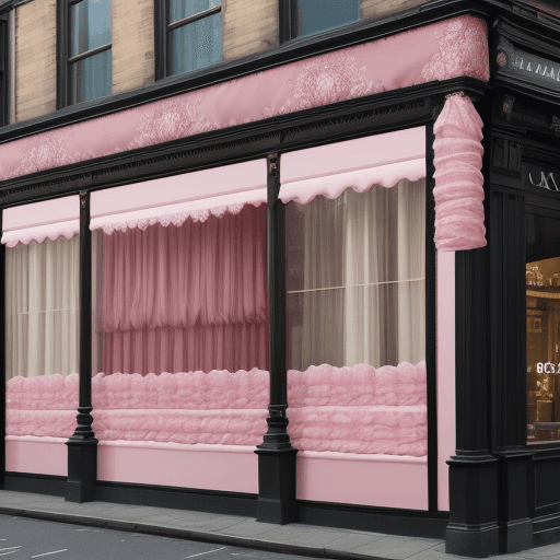 AI generated: Manchester, city street, the facade of one boutique is completely covered with a pink silk fabric ve...