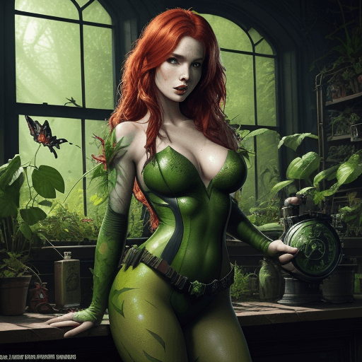 AI generated: Sexy photo shot of a woman (Jia Lissa) dressed as Poison Ivy, biophilic design, floral, biopunk, hig...
