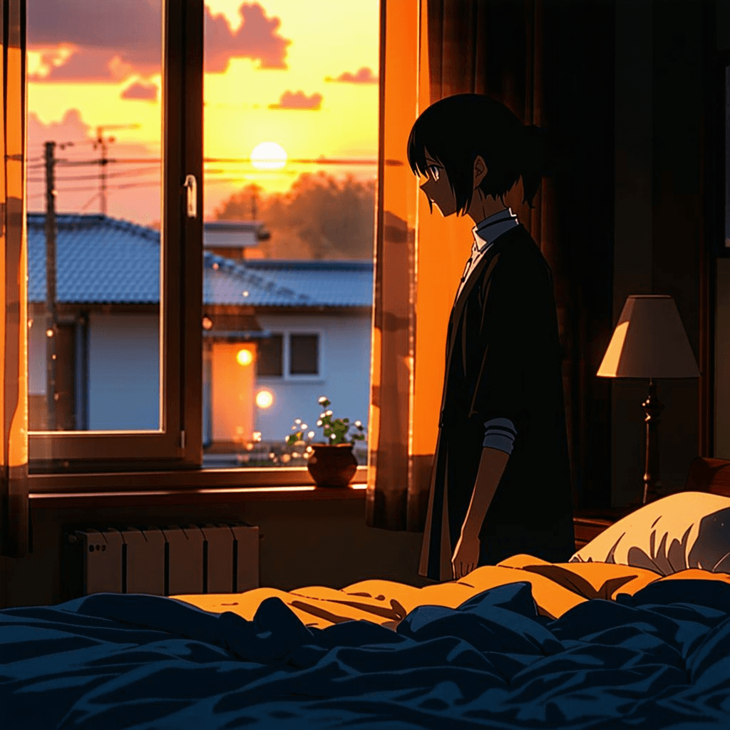 AI generated: /imagine prompt: Ichigo Kurosaki and Rukia Kuchiki in Ichigo’s bedroom during sunset, Rukia standing...