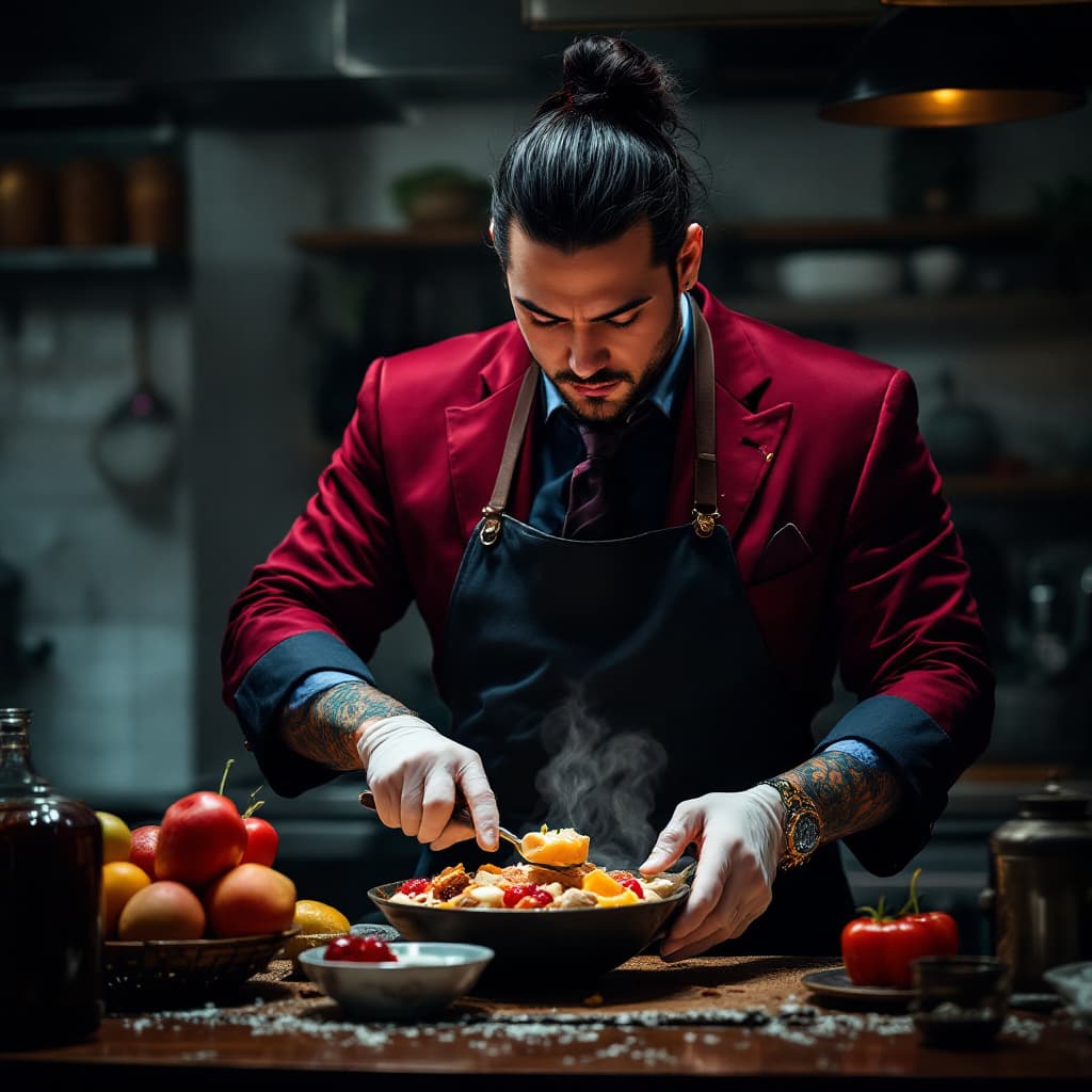 AI generated: a yakuza wearing a burgundy suit and a versace shirt in blue wearing an apron and is cooking dessert...