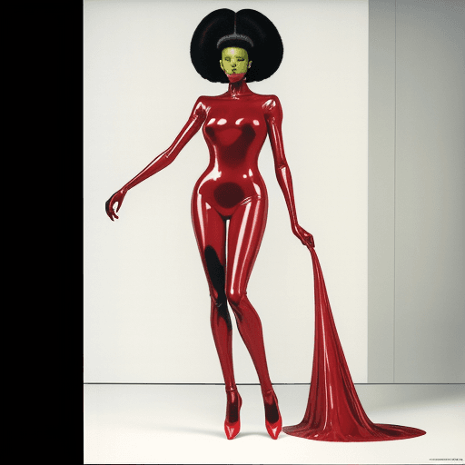 AI generated: a black woman in a red bodysuit and high heels, margiela campaign, algae, by Maruyama Ōkyo, a bright...