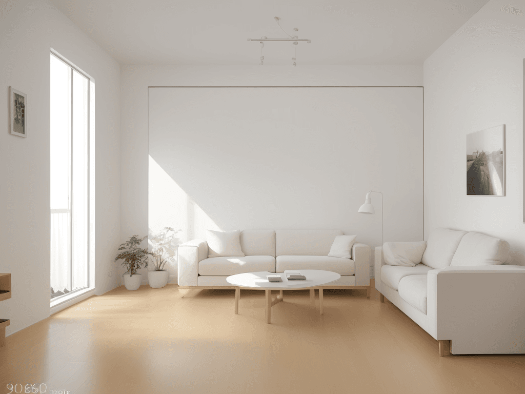 AI generated: photograph a minimalist small apartment living room as it's graced with the soft light of morning, t...