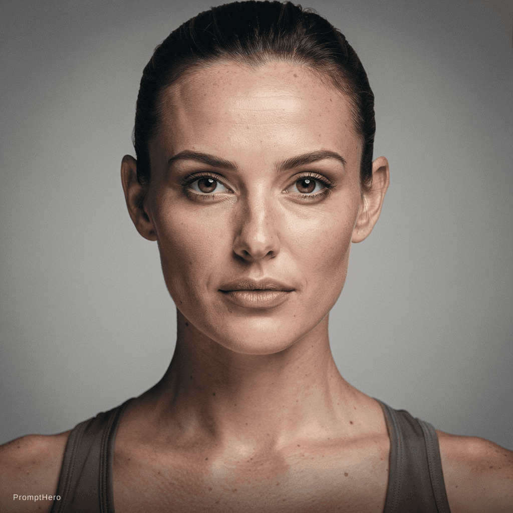 AI generated: hyper-realistic identity anchor portrait of a female action-movie lead (late 20s–early 30s), athleti...