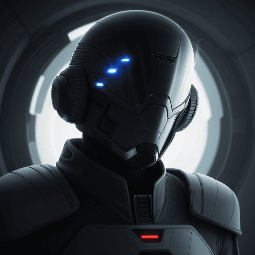 AI generated: sci-fi bild, muskelöser freundlicher mann, schielent, glatze, schwarzer vollbart, 8k