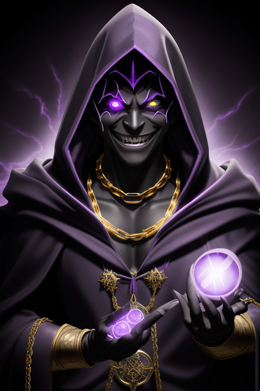 AI generated: Shadow wizard, in purple cloak hood, pitch black face glowing eyes and sharp white teeth smile, gold...