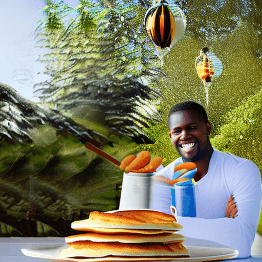 AI generated: Photo of a handsome and naked African boy squatting over a pile of pancakes, smiling, as honey oozes...