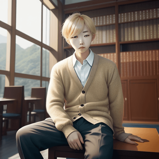 AI generated: A korean boy with blonde hair sitting in a library, wearing a cardigan in the style of korean, beaut...