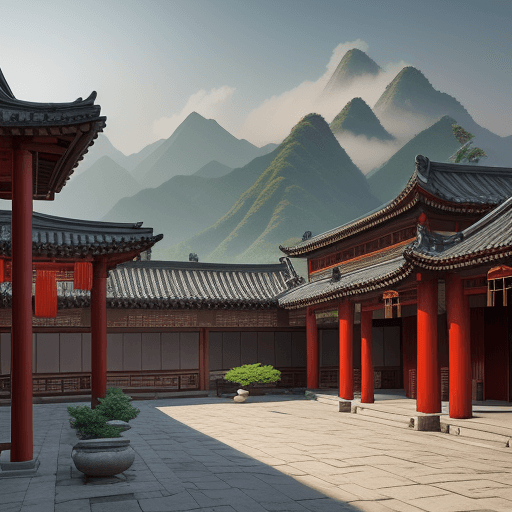 AI generated: A Chinese courtyard, There are mountains in the distance, and ancient Chinese palaces nearby ，Ancien...