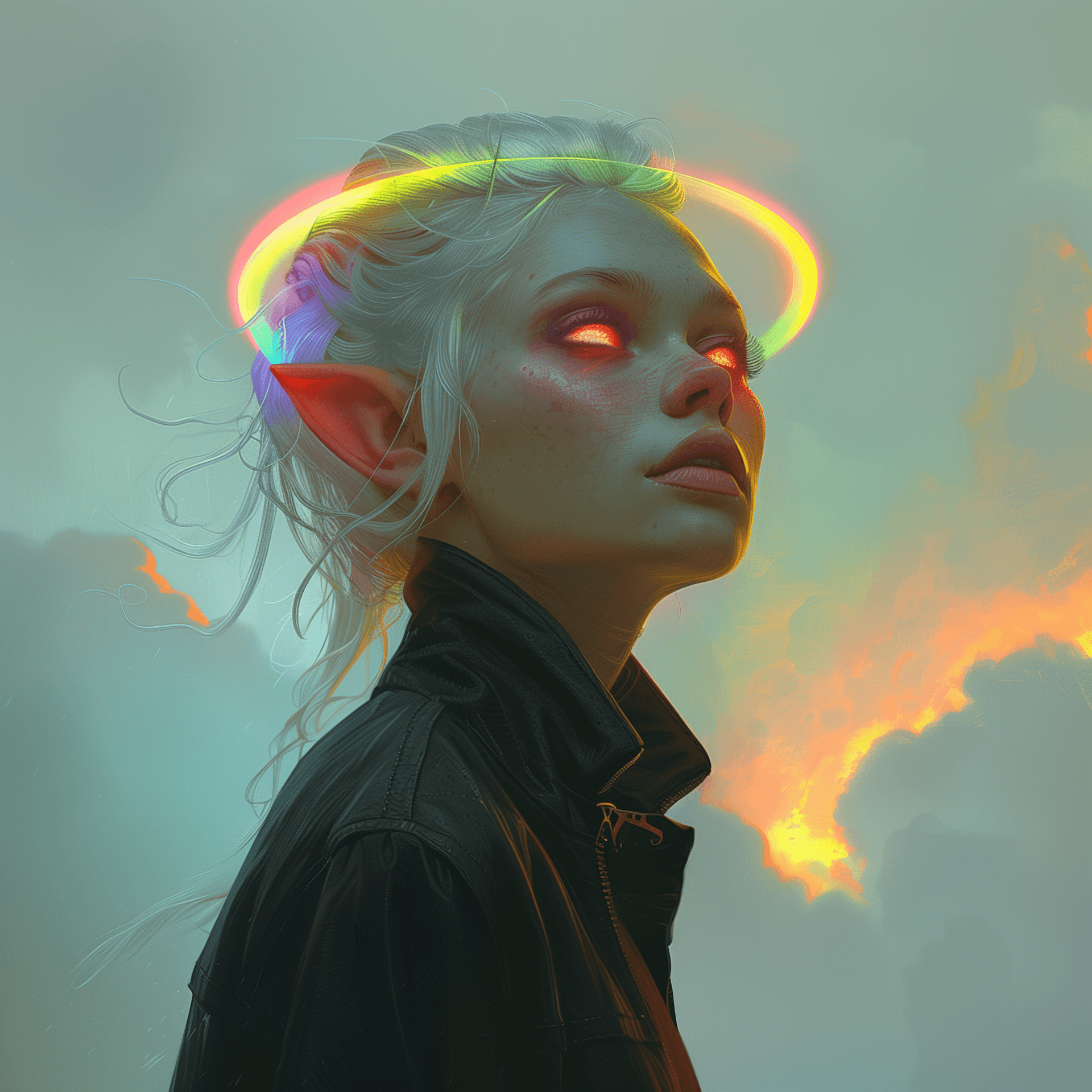 AI generated: A female elf with glowing eyes, she has white hair in an updo and is wearing a dark jacket. She stan...