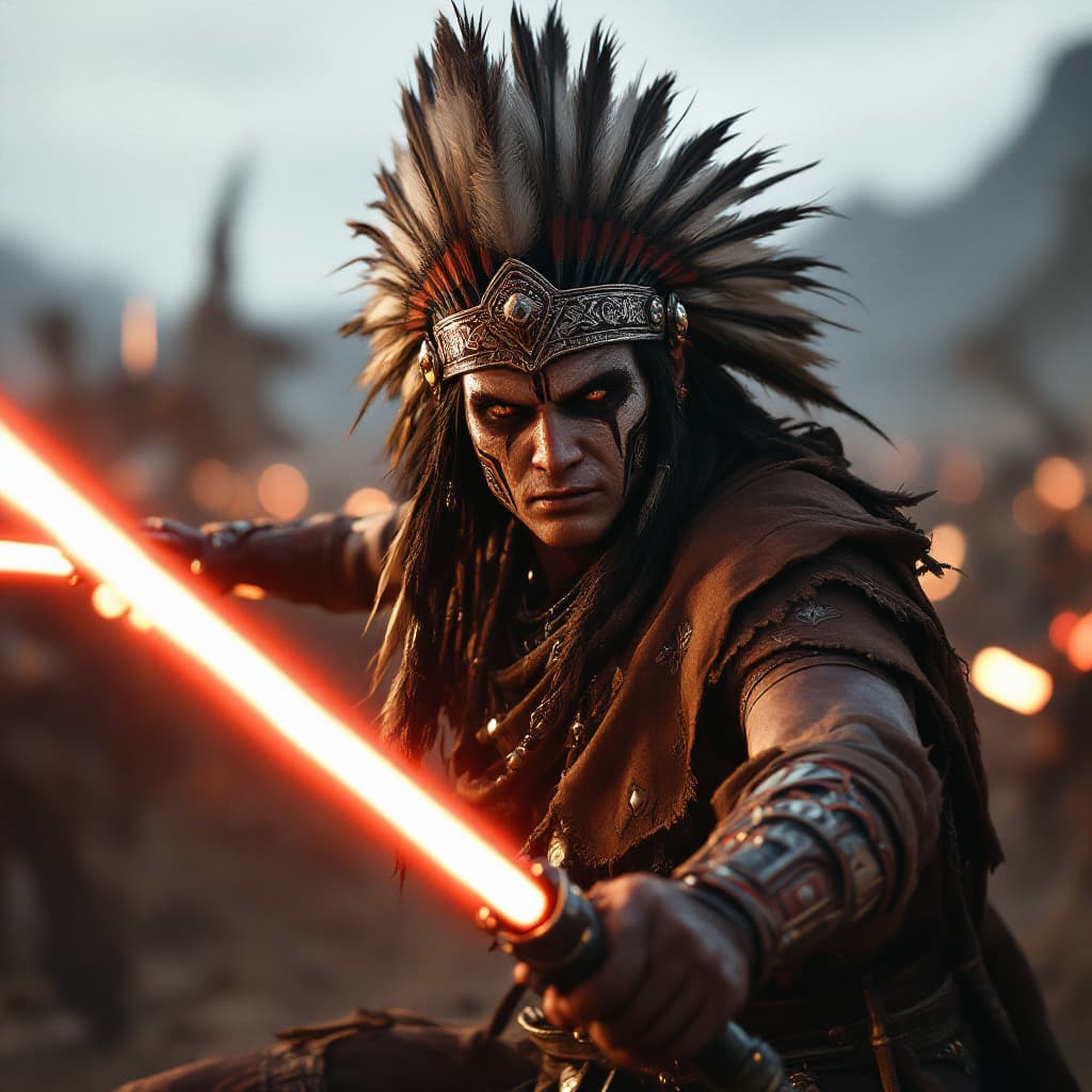 AI generated: male apache warrior figure in war derss with war bonnets headdress, feirce, face painted, armed figu...