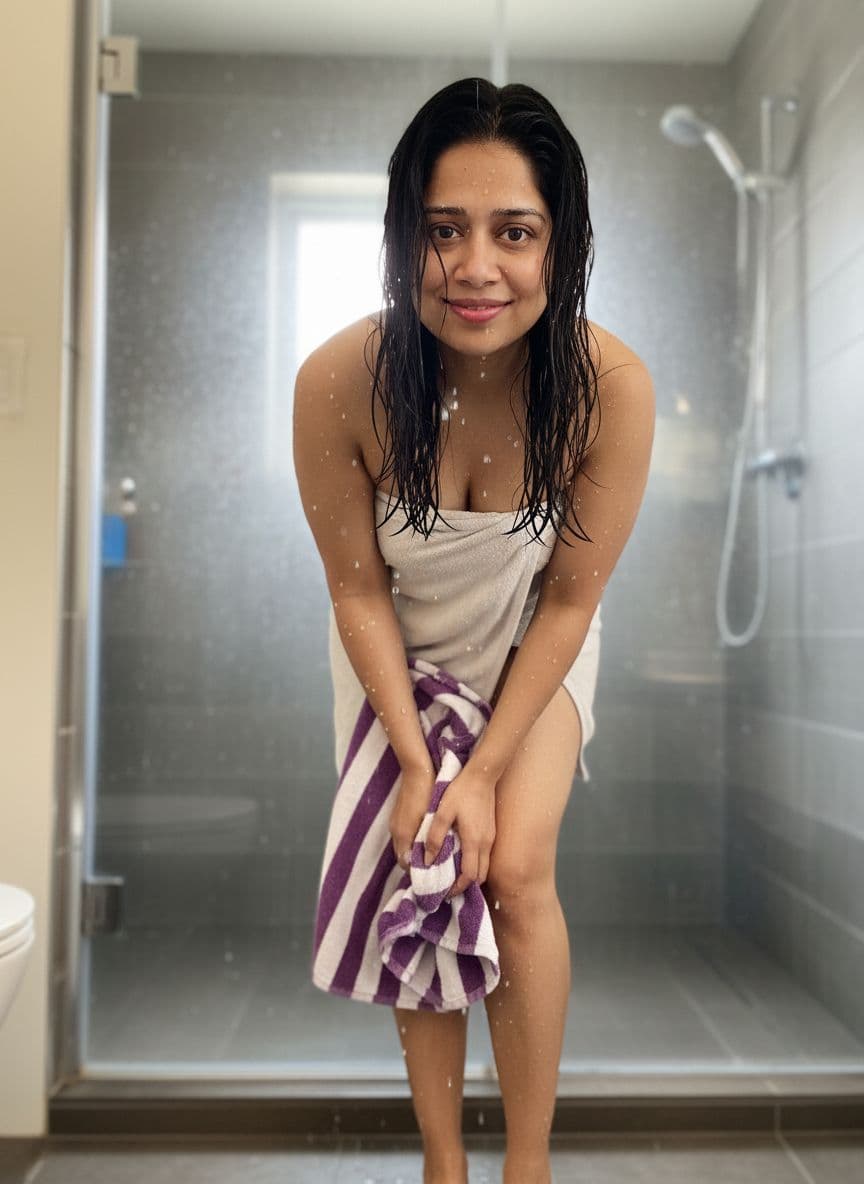 AI generated: A 8K masterpiece, ultra-detailed image of the uploaded woman with wet hair after coming out of the s...