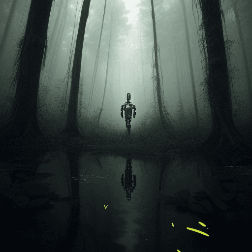 AI generated: dense forest, swamp and a lonely human-like robot, 8k