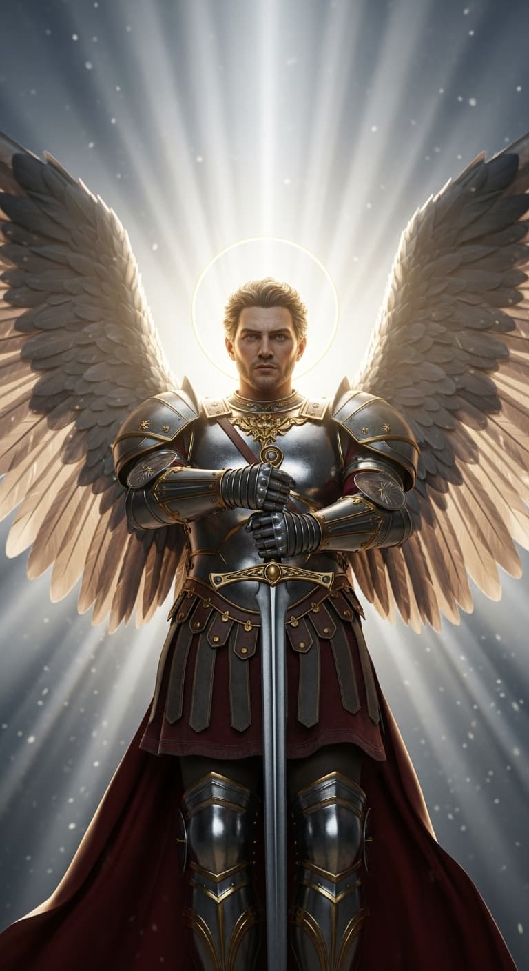 AI generated: Ultra-detailed, hyperrealistic raw photo of Saint Michael the Archangel. Cinematic scene. Spontaneou...