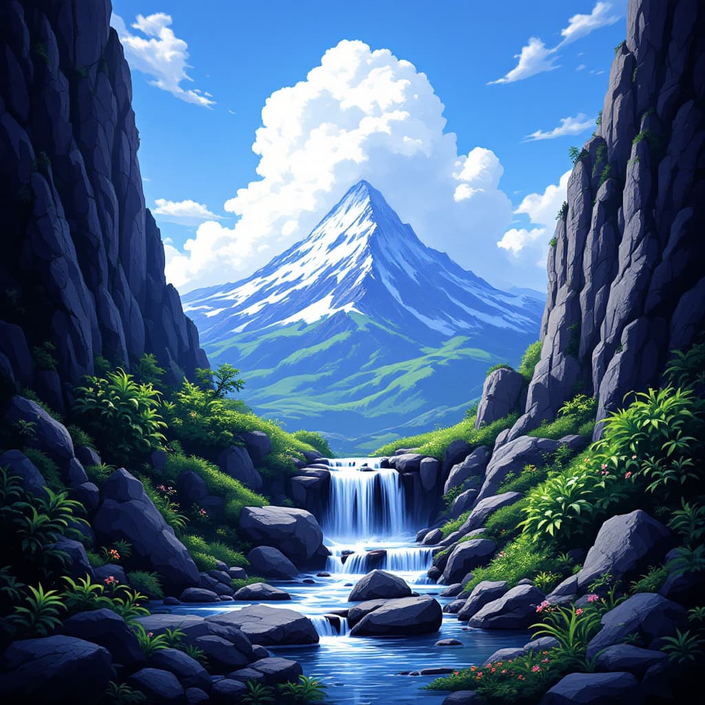 AI generated: A distant mountain peak in the mountains with green plants and flowers dotting its base, under a blu...
