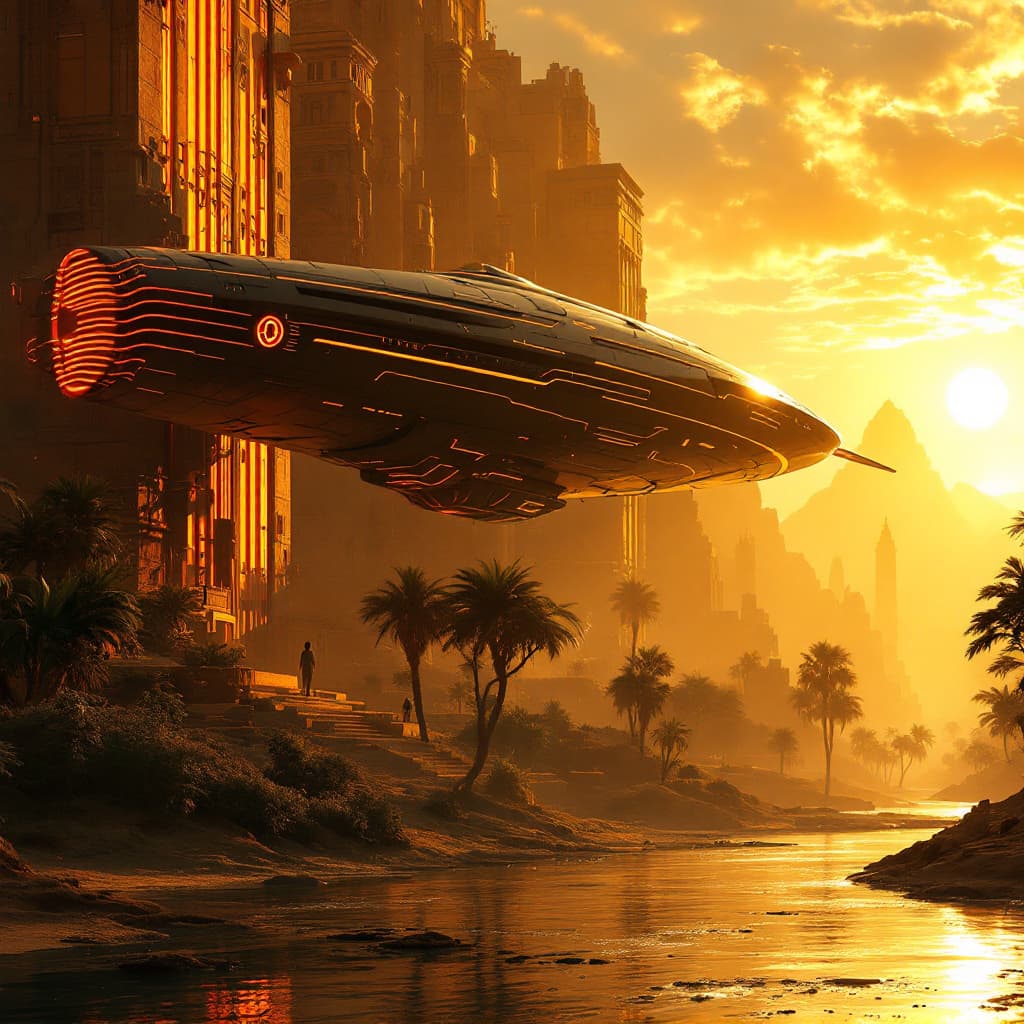 AI generated: A vast golden Abydos Eygpt City in the back of rich thick lush beautiful jungle  thives with rivers ...