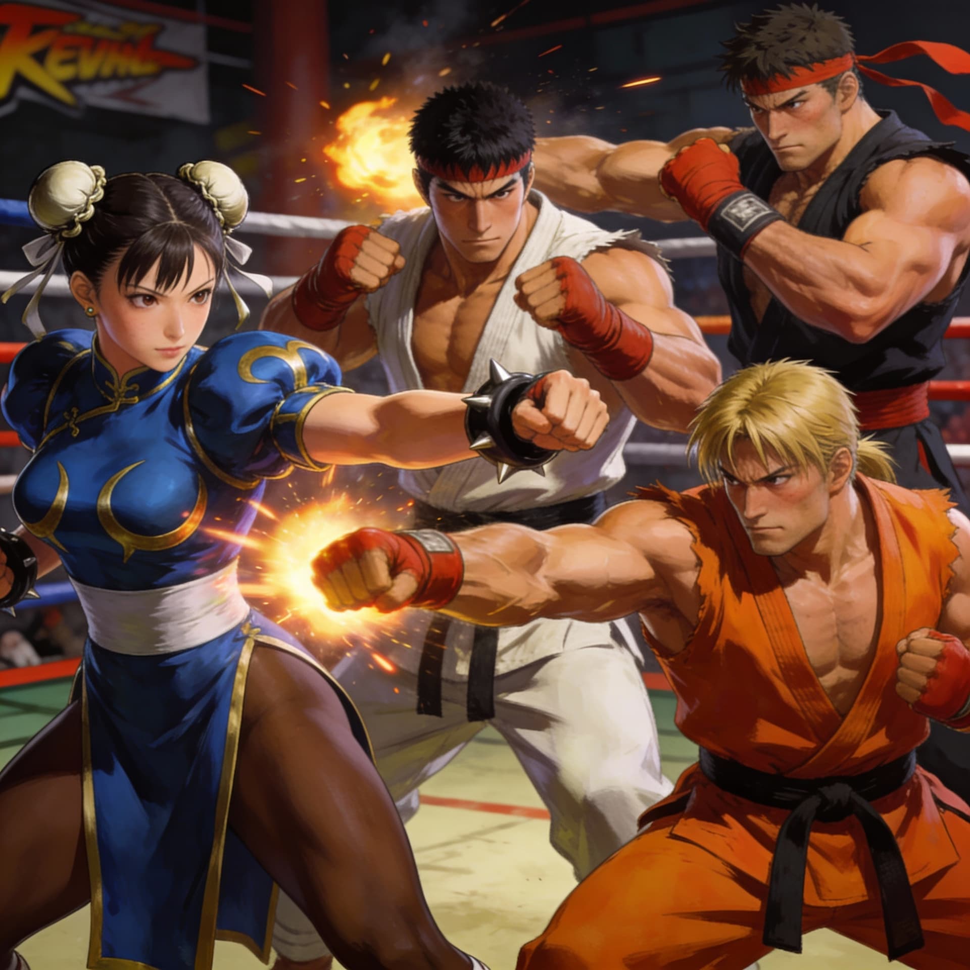 AI generated: Chun-Li, Ryu, Ken, E Honda, Street Fighter, action scene fighting pose, hyper-realistic illustration...