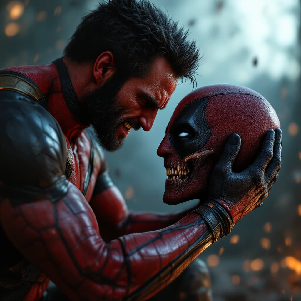AI generated: Marvel style, Wolverine holds Deadpool's  head in his hands,X-box graphics,8K,emotional realism,cree...