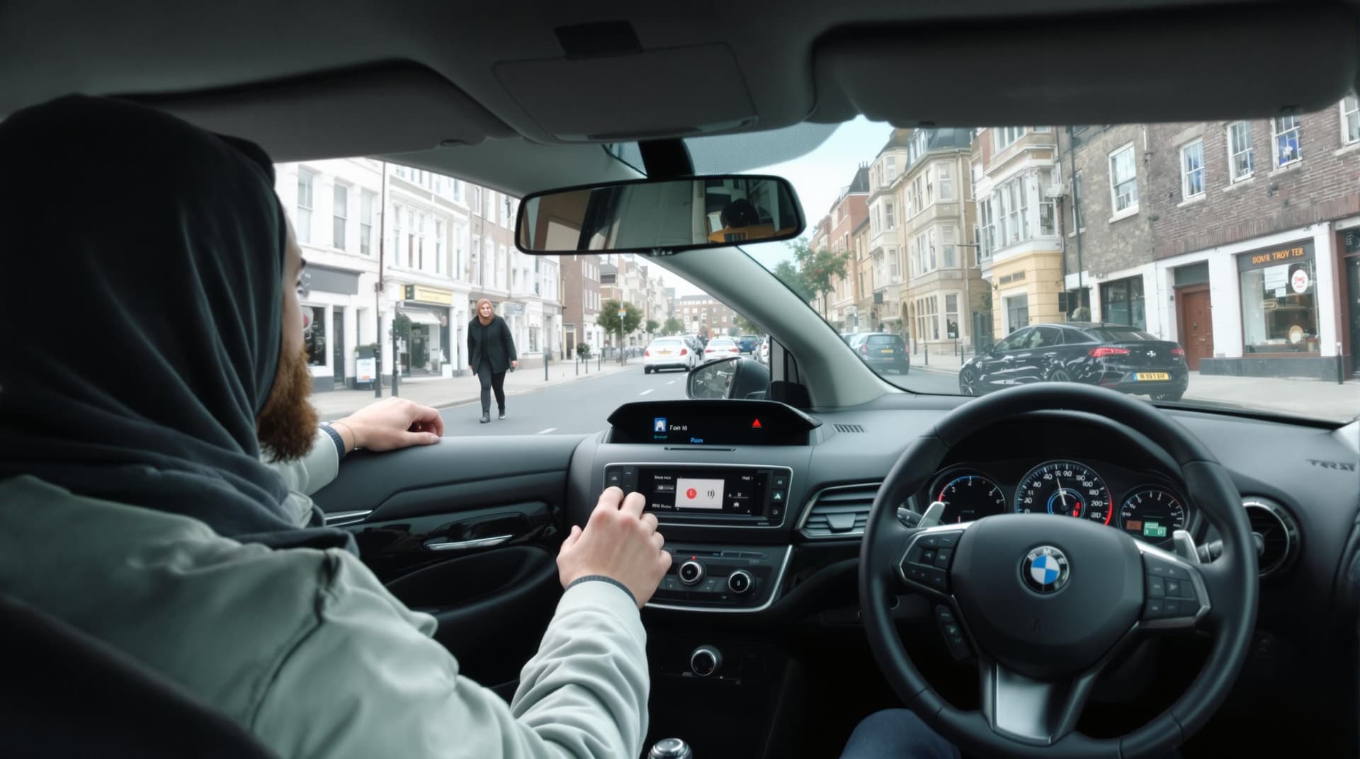 AI generated: irish man taking a driving test fpv from front seat behind the wheel looking out of the window on a ...