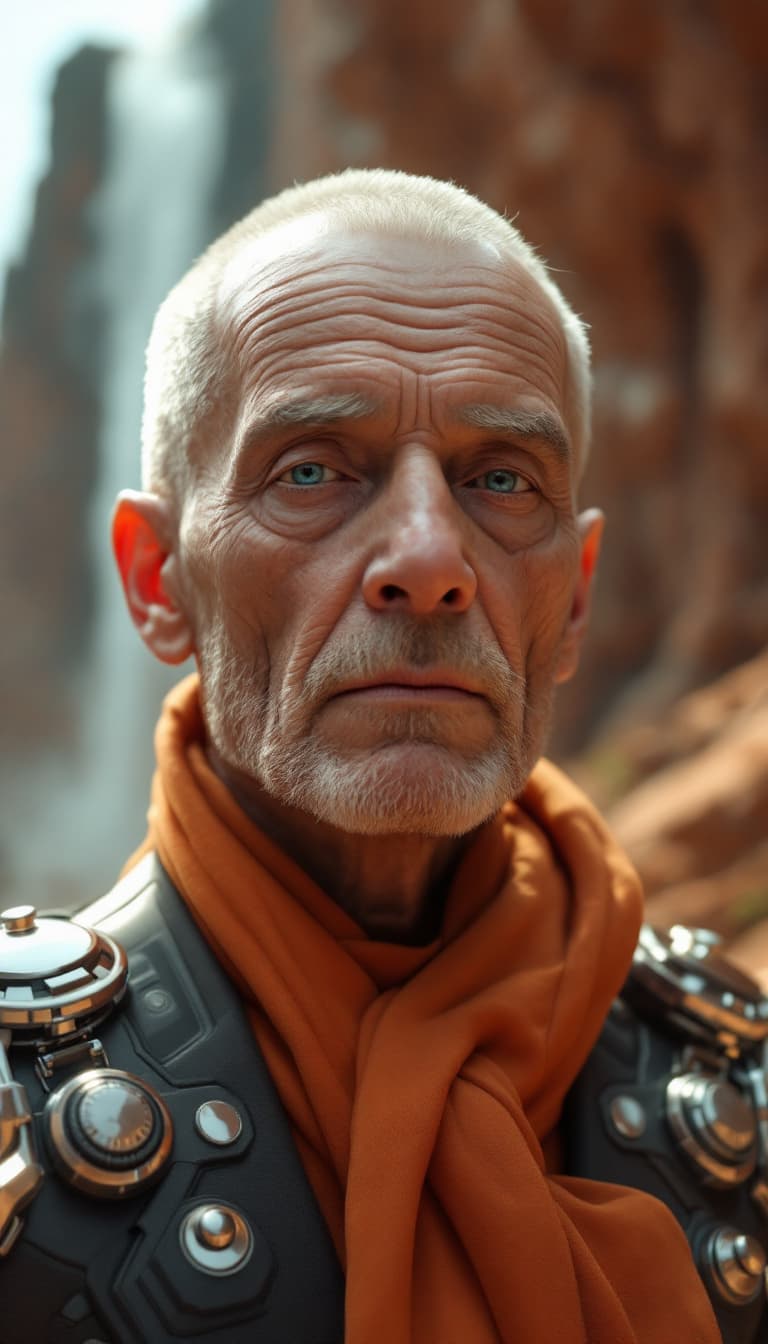 AI generated: An old middle-aged man with a crew cut, wearing a suit and a beauty robot in the Northern Territory ...