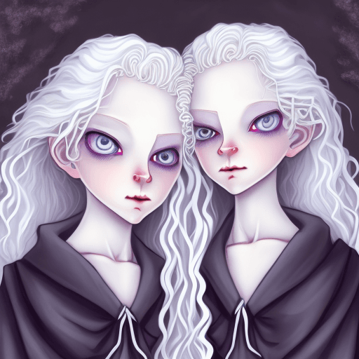 AI generated: Albino twins, white wavy hair, pale skin, purple eyes, gray eyebrows and soft smiles. Black dresses....