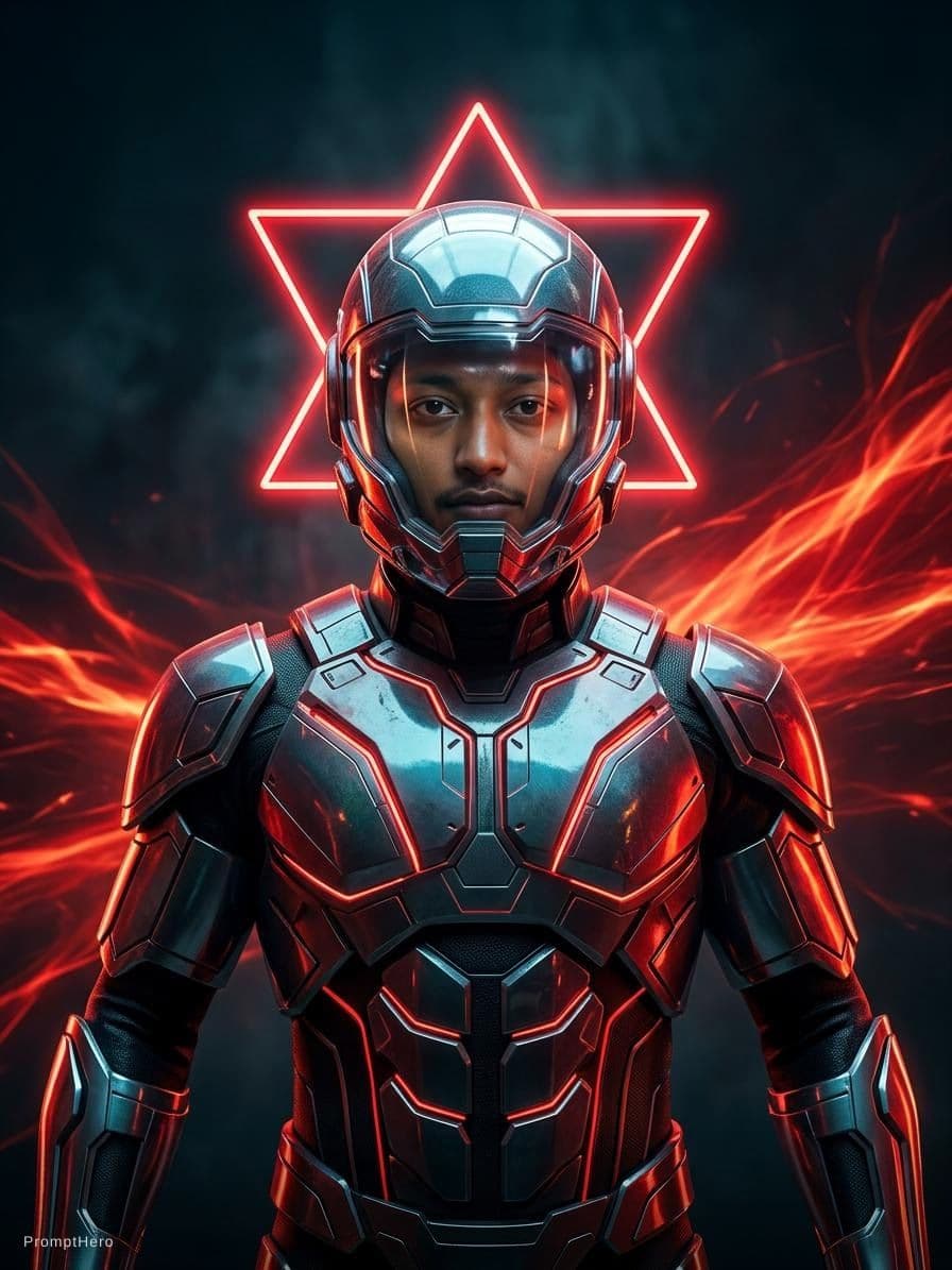 AI generated:  futuristic cyborg boy featuring a captivating reflective cybernetic helmet adorned with glowing tri...