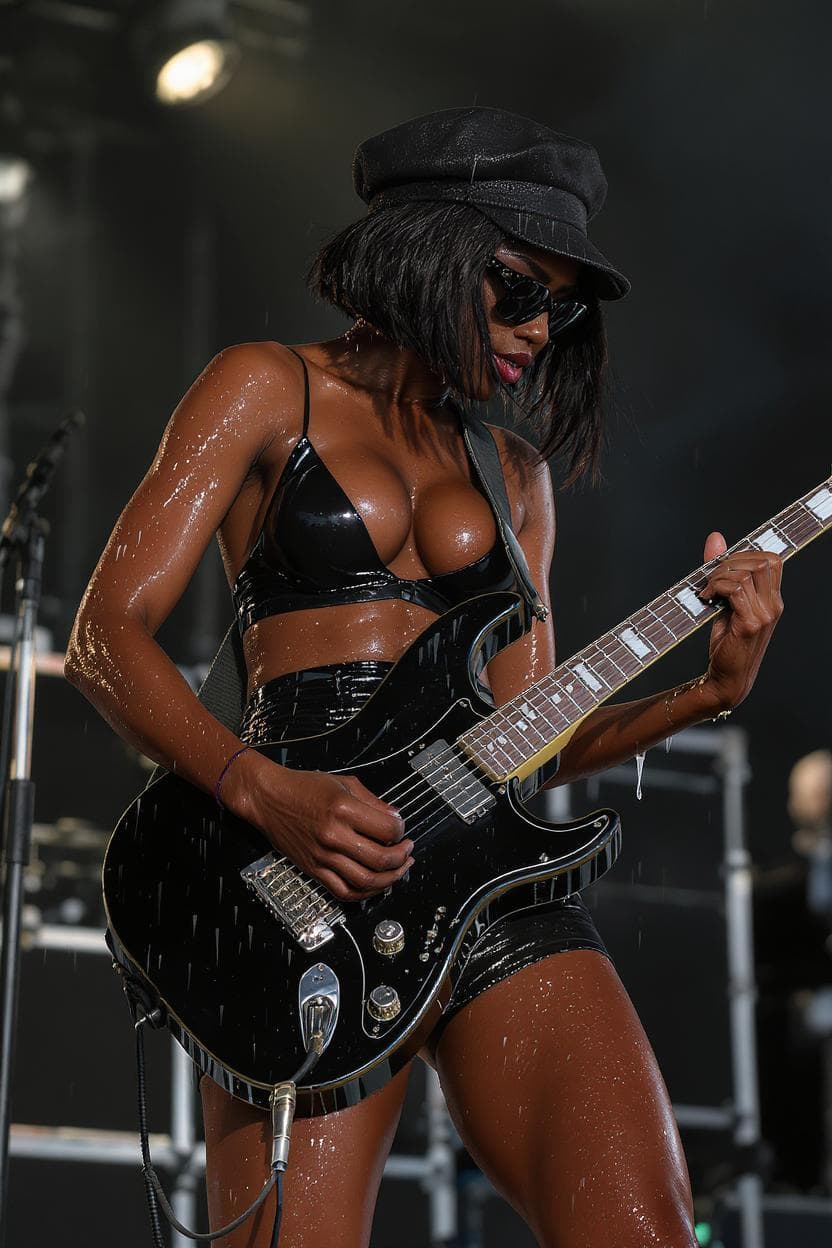 AI generated: photograph of a woman with an angled bob haircut playing a gripping electric guitar solo, 