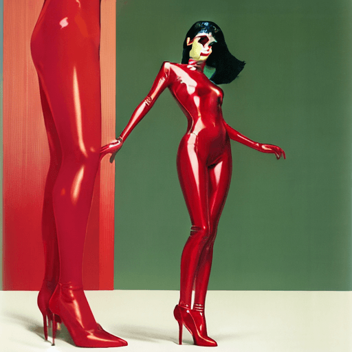 AI generated: a woman in a red bodysuit and high heels, margiela campaign, algae, by Maruyama Ōkyo, a brightly col...