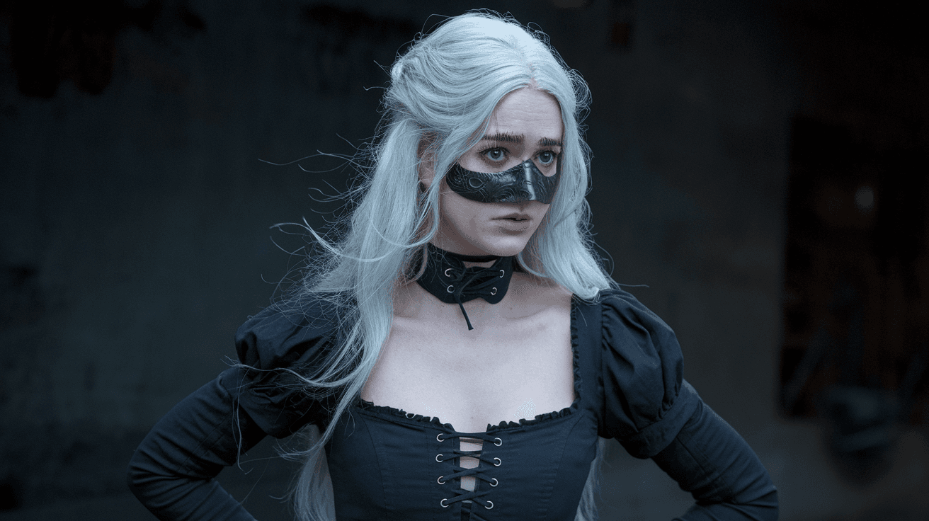AI generated: Woman, long white hair, phantom of the opera, mask on half of face.