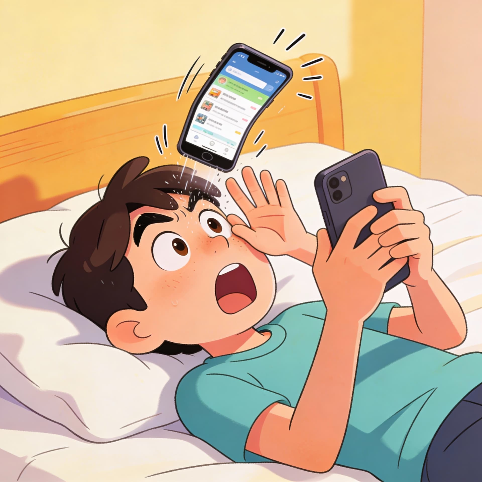AI generated: A person lying on bed scrolling smartphone, suddenly the phone slips and hits their face, exaggerate...