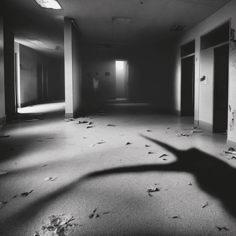 AI generated: 
a shadow hooded figure  in an abandoned hospital, The lighting is vivid, casting long shadows on th...