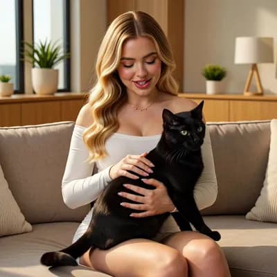 AI generated video: A gorgeous blonde curvy young woman with a black cat