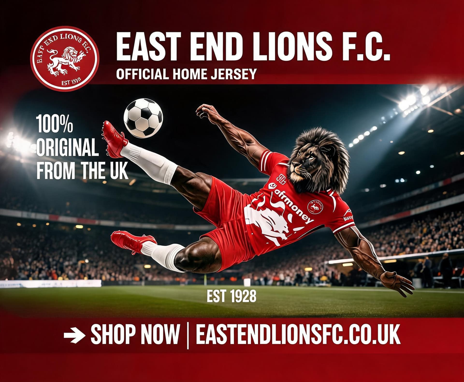 AI generated: 100% Original from the UK . East End Lions Jersey generate a promotional flyer for the jersey