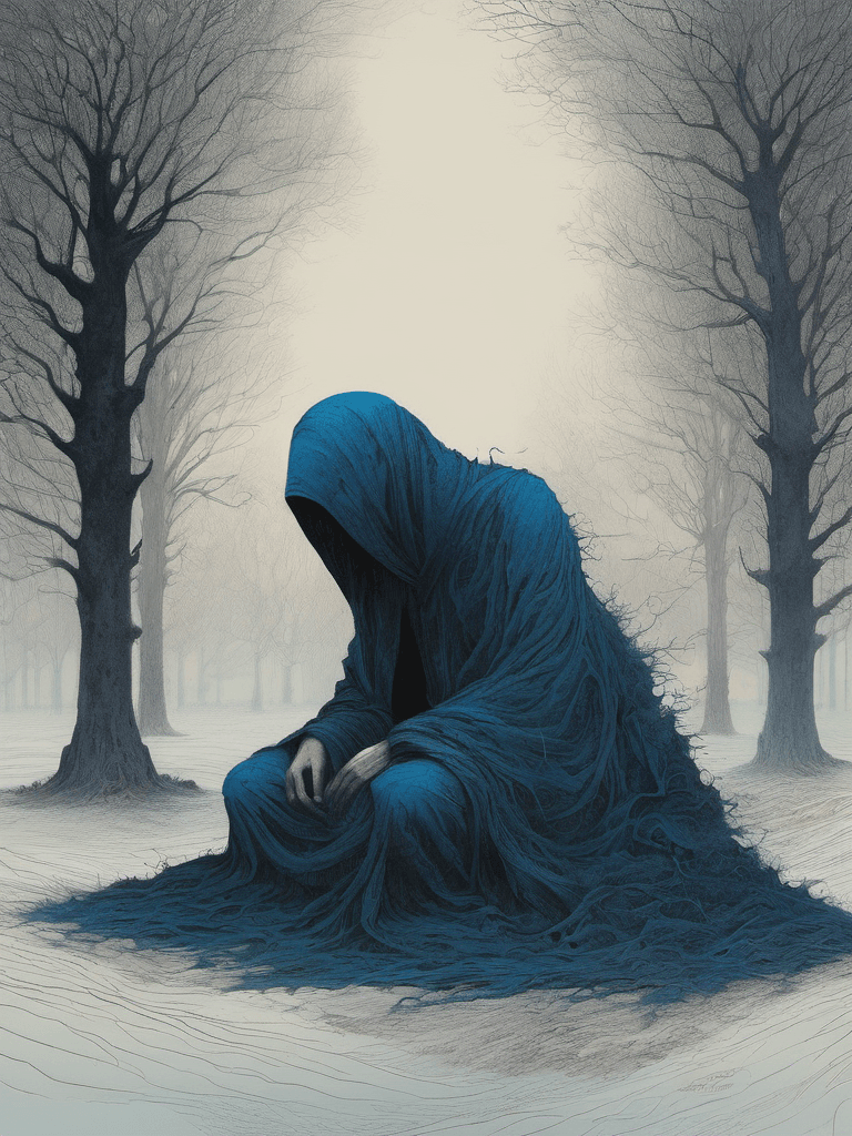 AI generated: digital illustration by Beksiński, a character, full body, dark blue and black, heartbreaking compos...