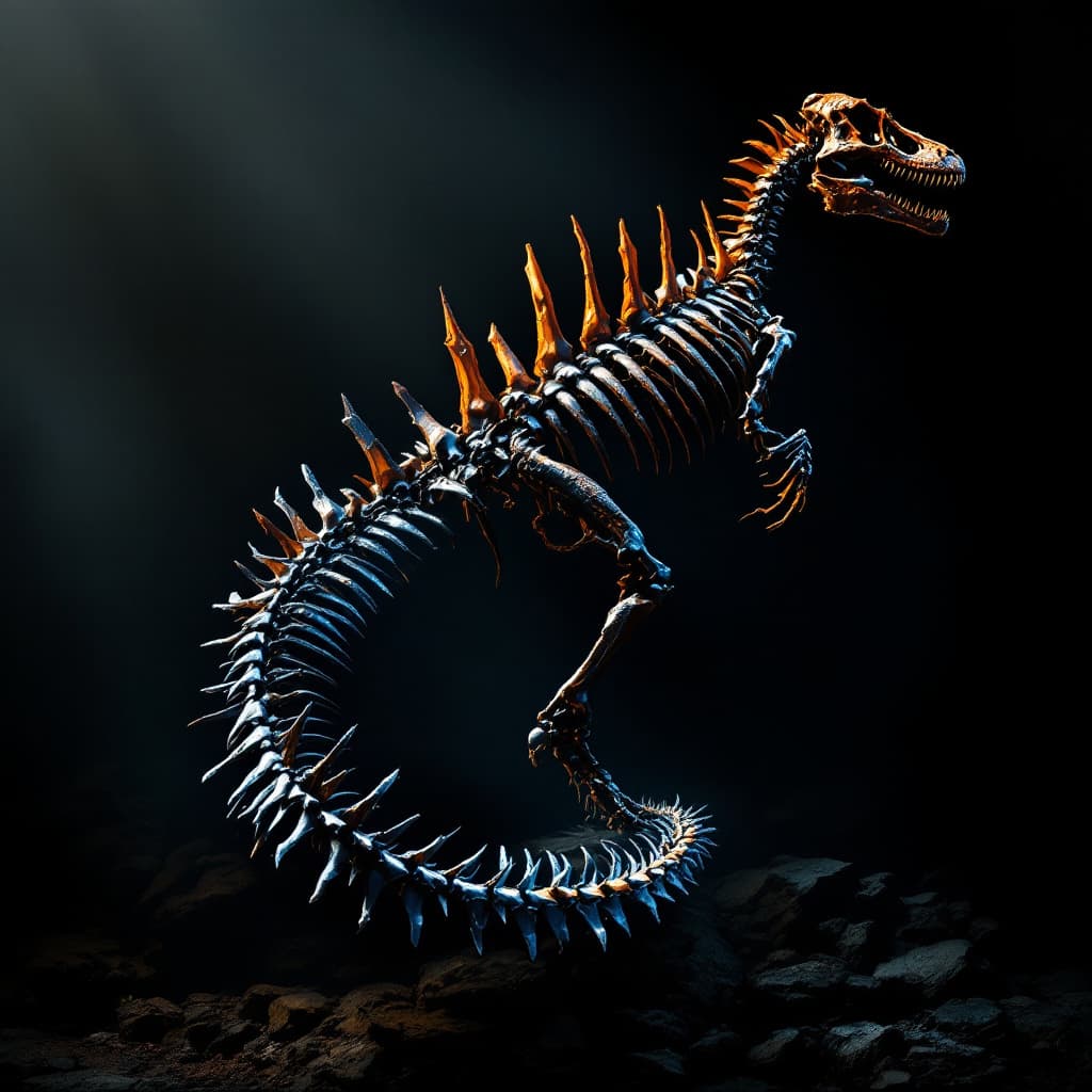AI generated: T rex skeleton tail, dramatic lighting