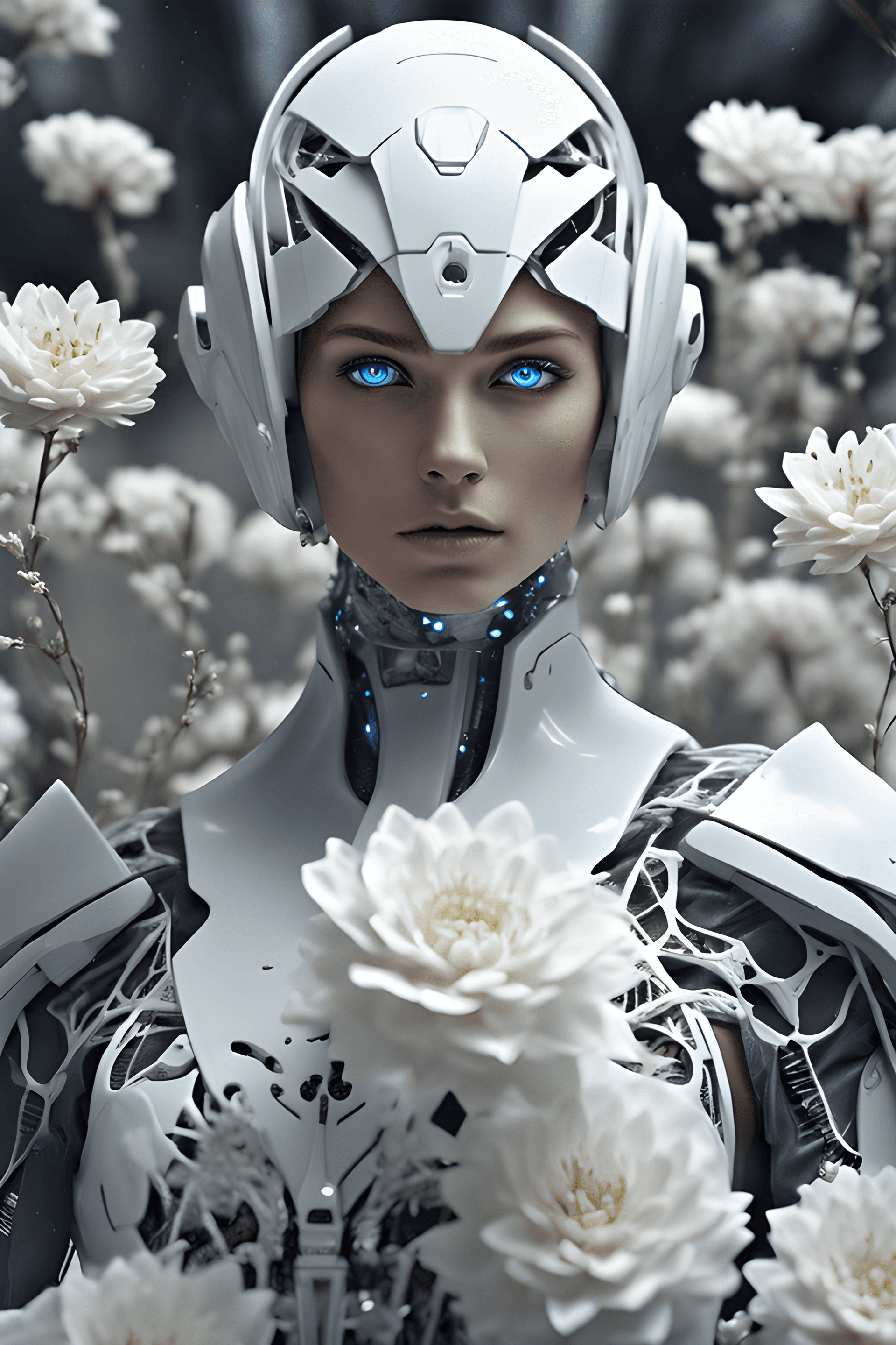 AI generated: close-up, futuristic woman from the future with unreal sapphire eyes, fantastic white space flowers ...