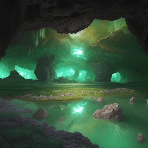 AI generated: High resolution picture in anime style, a surreal landscape, enclosed within a an ancient cave, a ja...