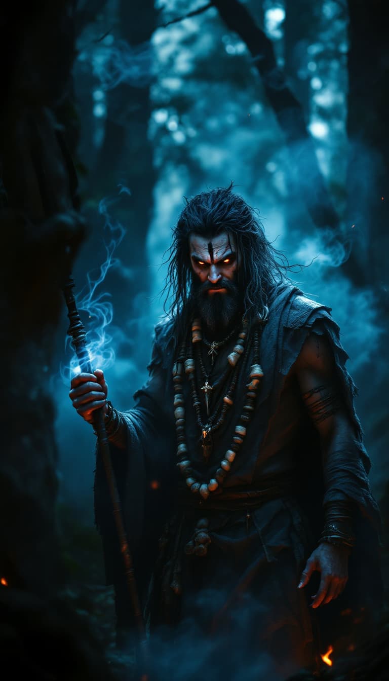 AI generated: high definition photo, ,  a man set in a dark, misty forest at night. He has long, wild hair, ash sm...