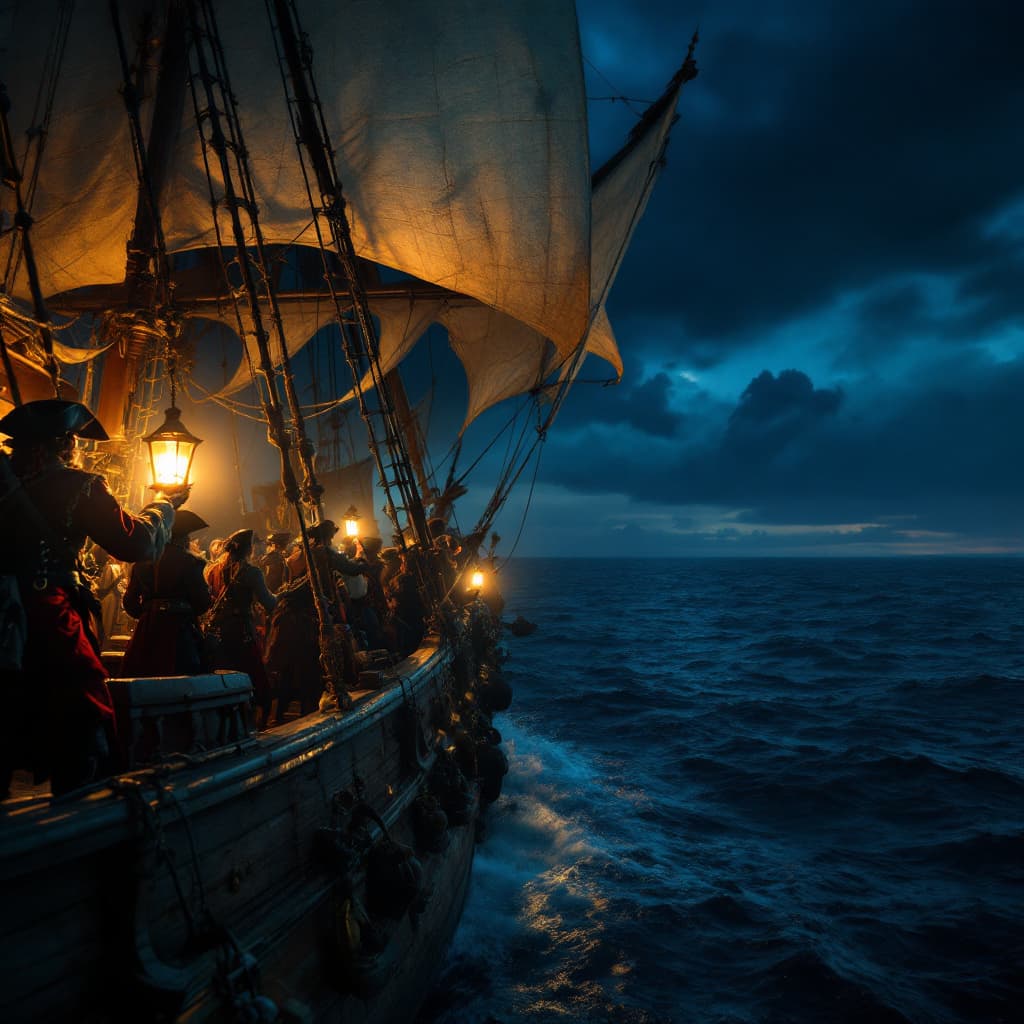 AI generated: A night time shot out at sea on an elaborate 1800s Spanish sailing treasure ship full of pirates on ...