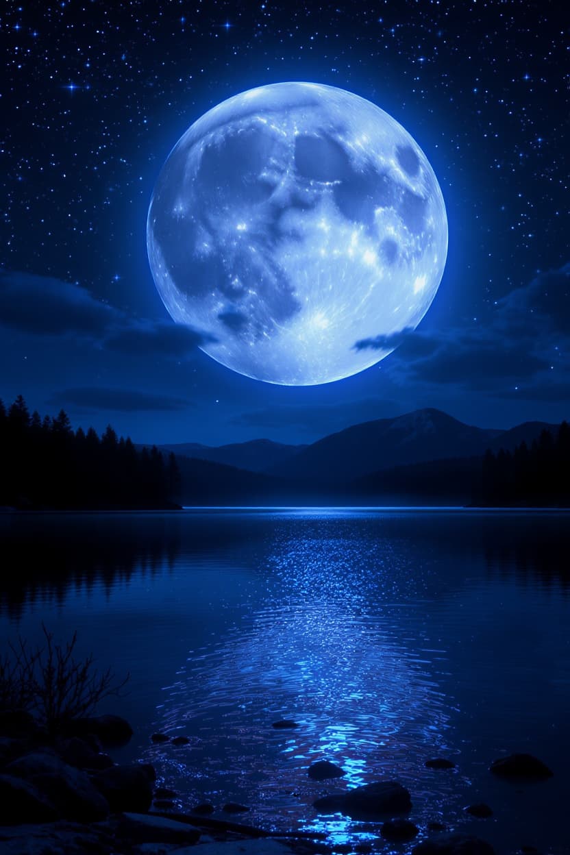 AI generated: create a Night Time scene with Full Blue moon shinning blue light across a calm lake