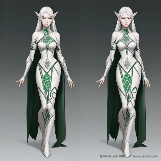 AI generated: "2D style, cartoon, full-body view of Elenwen, a Snow Elf (Falmer) from Elder Scrolls, with (emerald...