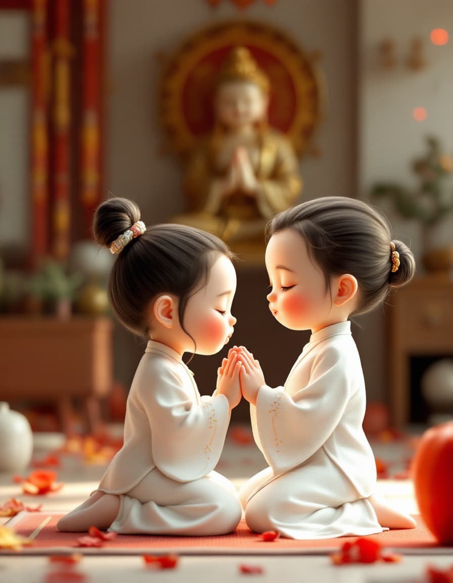 AI generated: whimsical Realistic of Pixar, Bryce 3D, side-view, a kawaii, chubby-cheeked Asian baby girl kneeling...